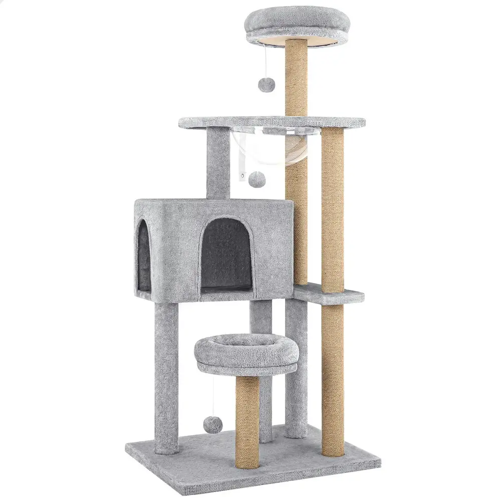 BEASTIE Cat Tree 140cm Grey Tower Scratching Post Wood Scratcher