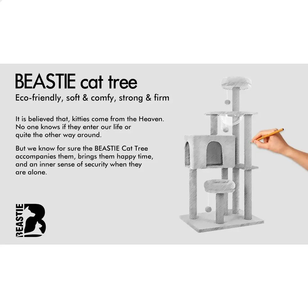 BEASTIE Cat Tree 140cm Grey Tower Scratching Post Wood Scratcher