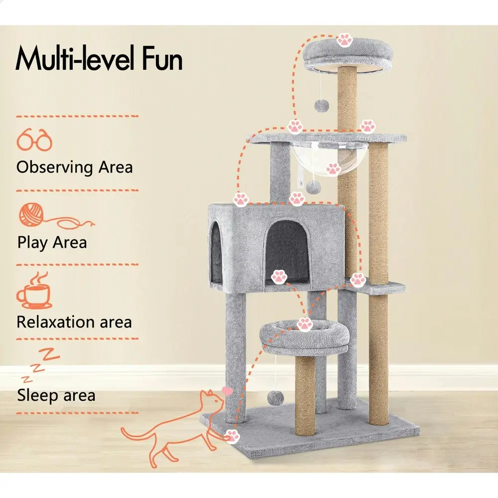 BEASTIE Cat Tree 140cm Grey Tower Scratching Post Wood Scratcher