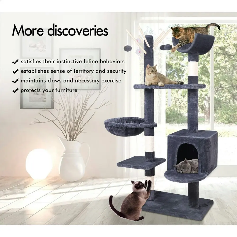 BEASTIE Cat Tree 145cm Grey with Plush Toy Ball & Bell Scratching Post