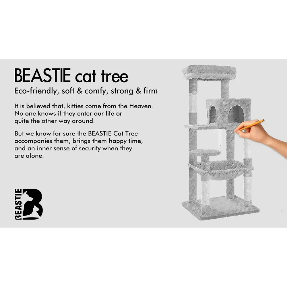 BEASTIE Cat Tree 143cm Light Grey with Hammock Scratching Post