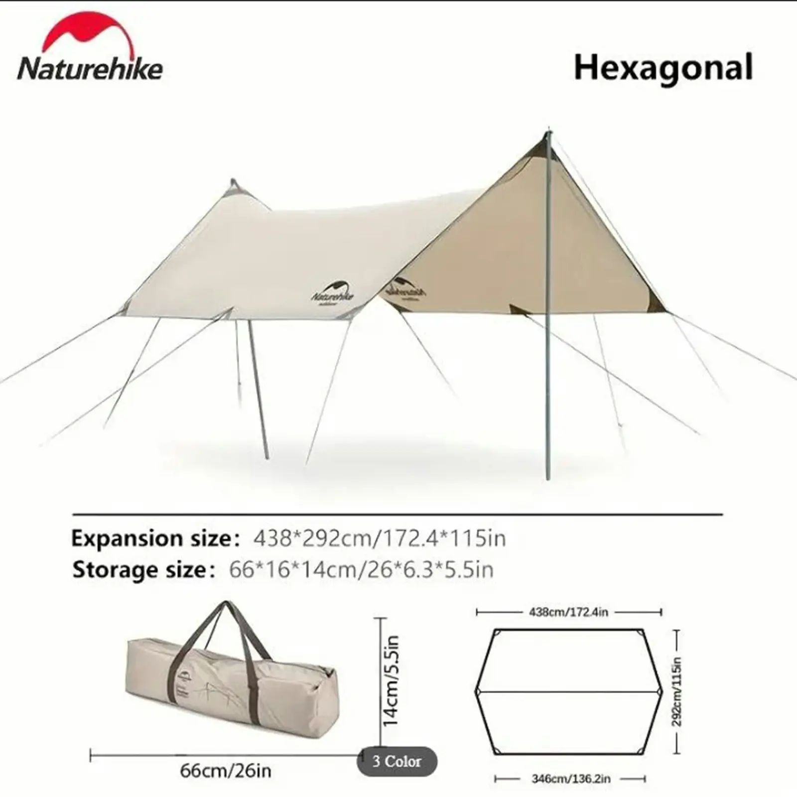 NatureHike Canopy Lightweight 4-6 Person Tent Tarp Shelters for Camping Hiking - Khaki 438x292cm