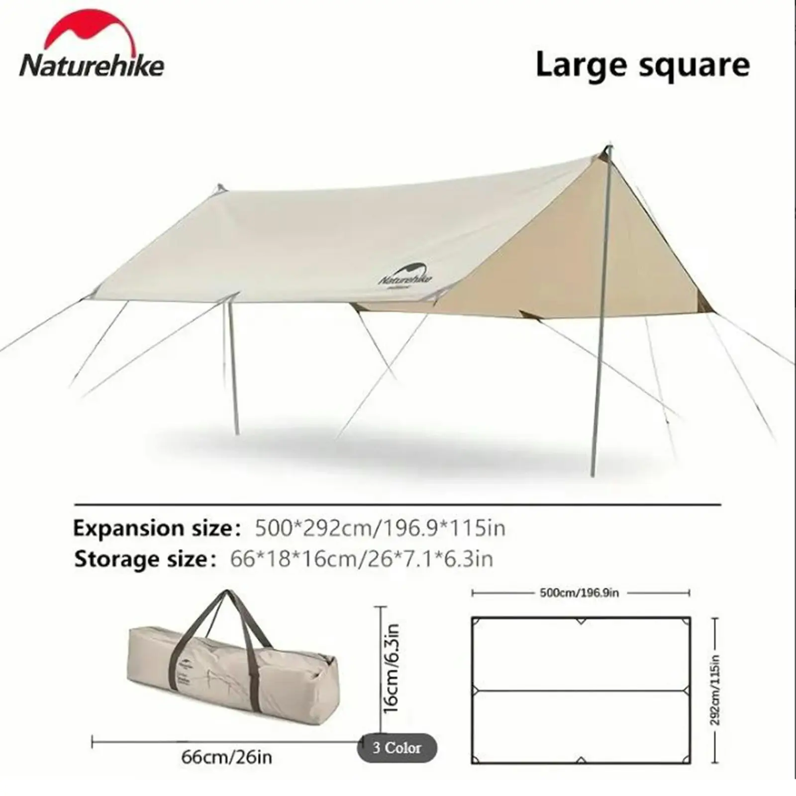 NatureHike Canopy Lightweight 4-6 Person Tent Tarp Shelters for Camping Hiking - Khaki 500x292cm