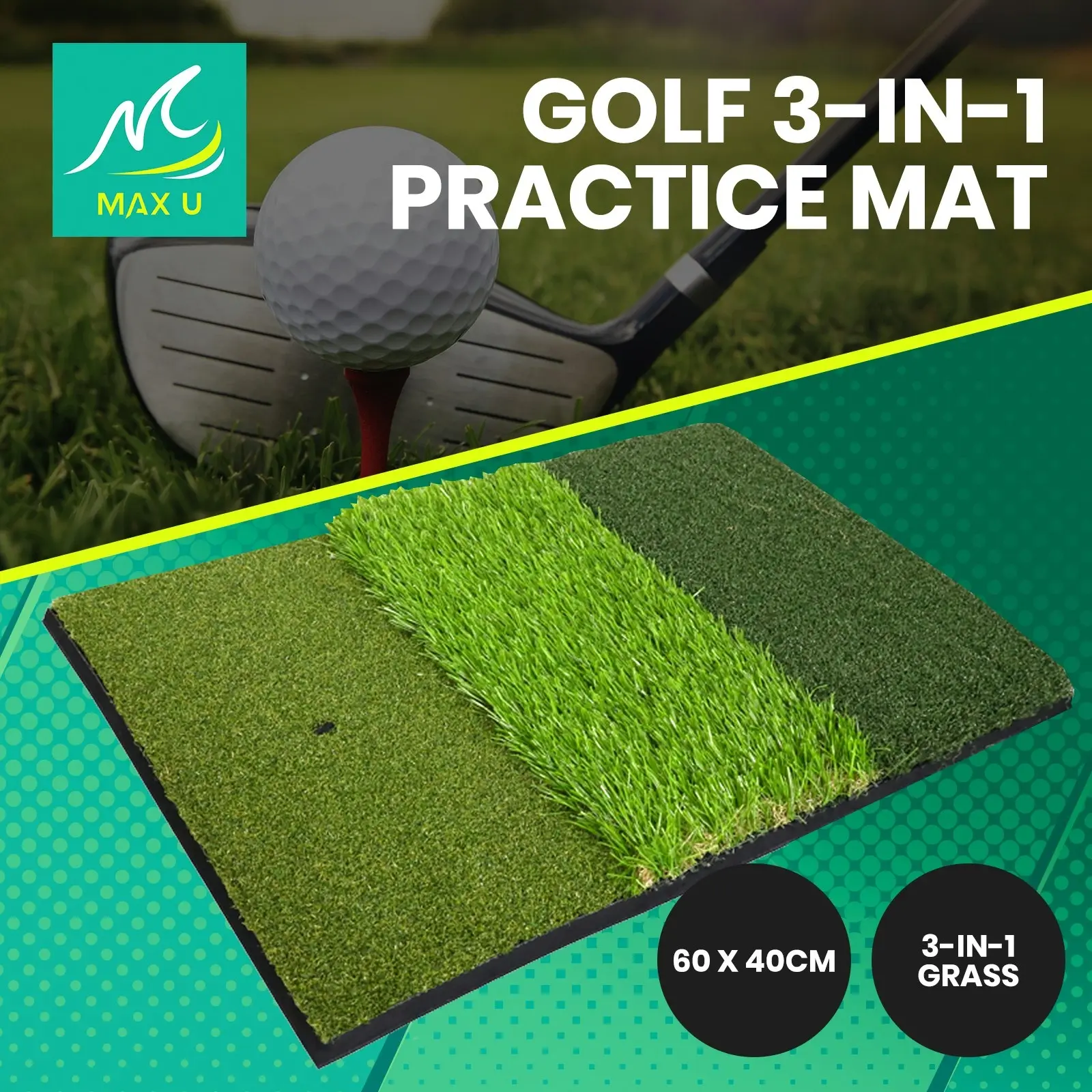 MaxU Tri-Turf 3-in-1 Portable Practice Golf Hitting Mat - 60x40cm