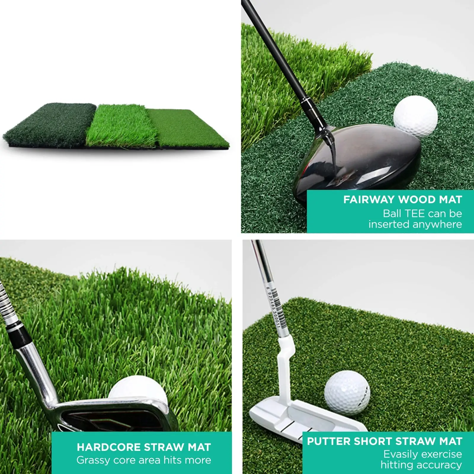 MaxU Tri-Turf 3-in-1 Portable Practice Golf Hitting Mat - 60x40cm