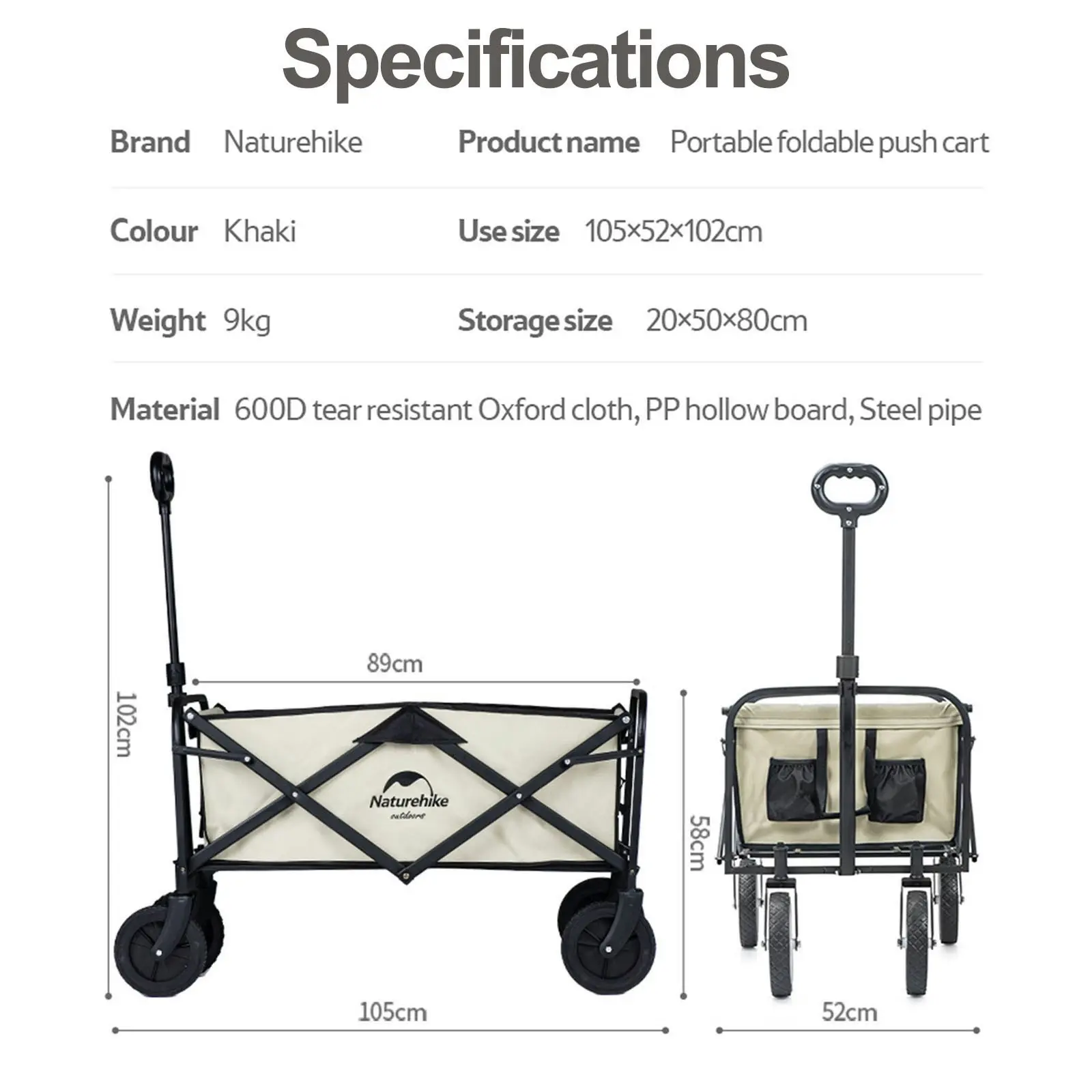 NatureHike Outdoor 90L Folding Wagon Camping Hiking Cart Garden Patio Cart - Khaki