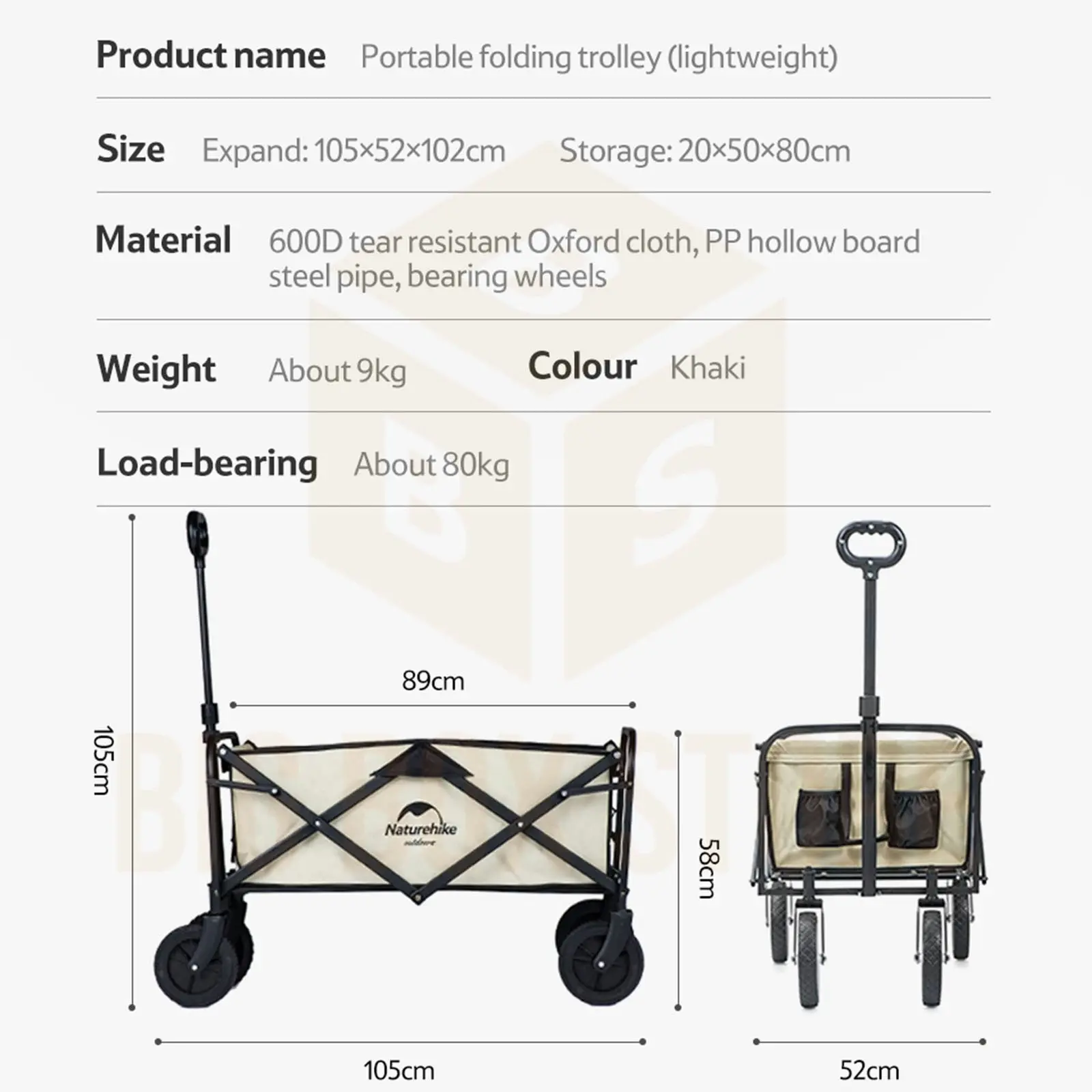 NatureHike Outdoor 90L Folding Wagon Camping Hiking Cart Garden Patio Cart - Khaki