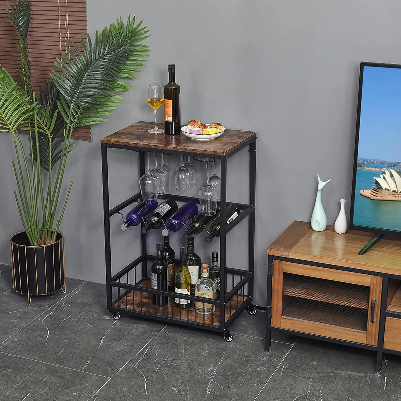 Viviendo Bar Cart & Rolling Drinks Trolley with Wine Rack, lockable wheels, Storage and Wine Glass Holders