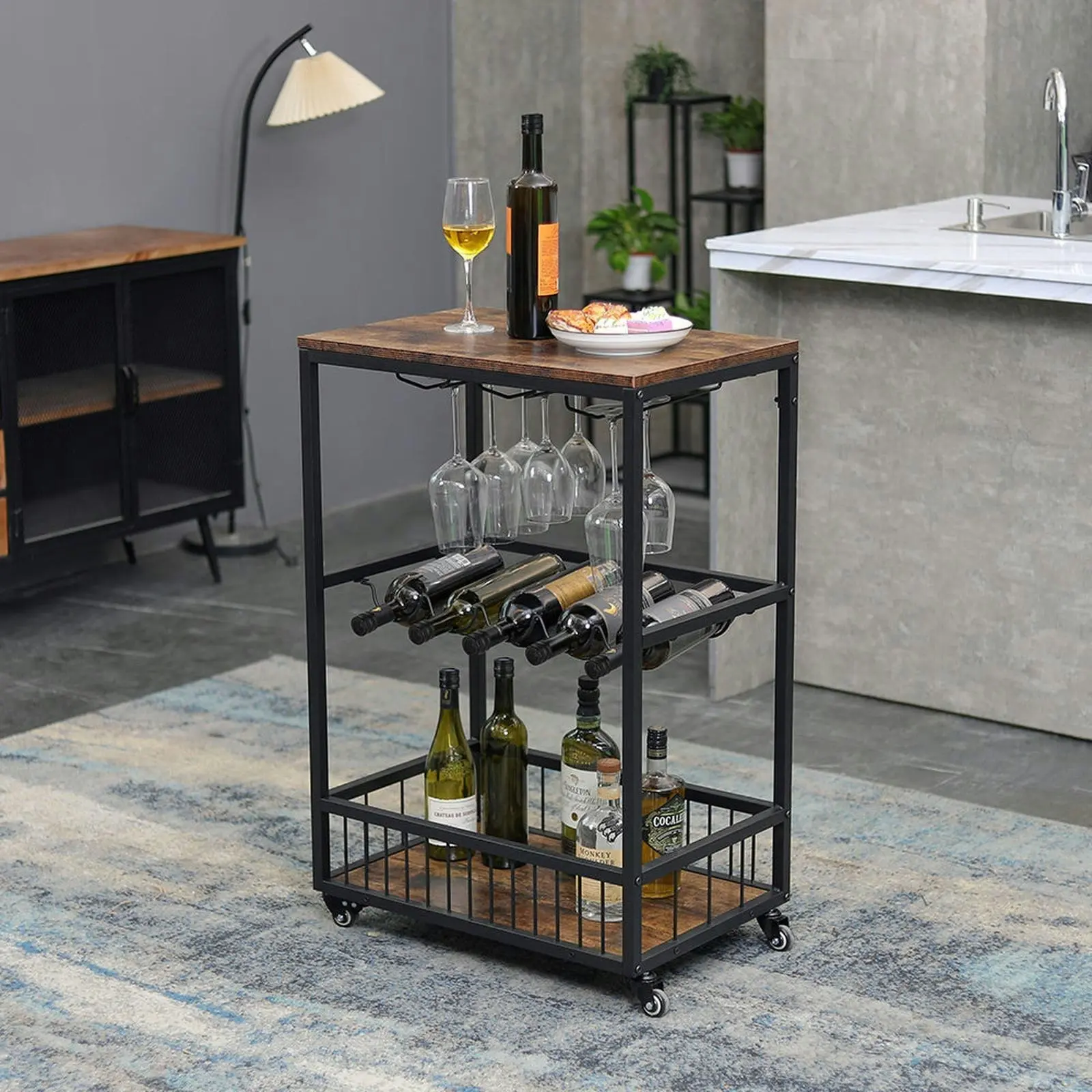 Viviendo Bar Cart & Rolling Drinks Trolley with Wine Rack, lockable wheels, Storage and Wine Glass Holders