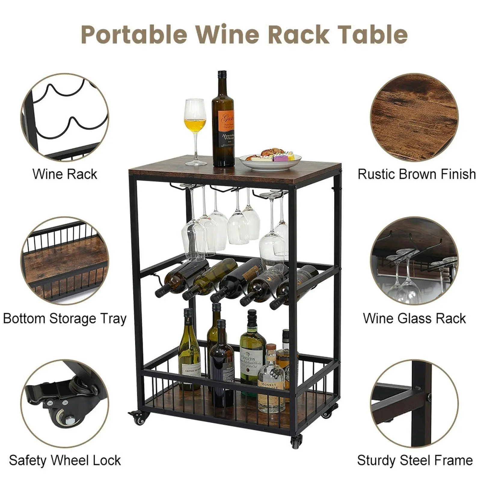 Viviendo Bar Cart & Rolling Drinks Trolley with Wine Rack, lockable wheels, Storage and Wine Glass Holders