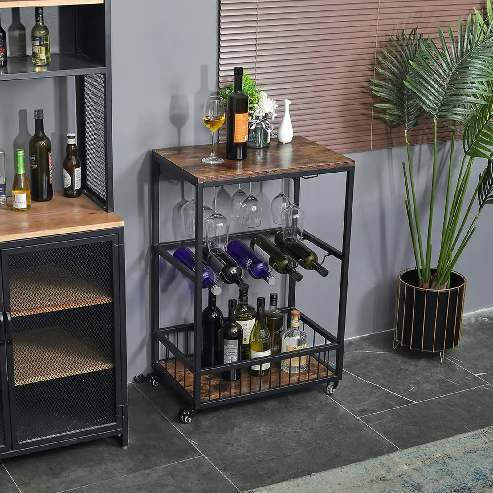 Viviendo Bar Cart & Rolling Drinks Trolley with Wine Rack, lockable wheels, Storage and Wine Glass Holders