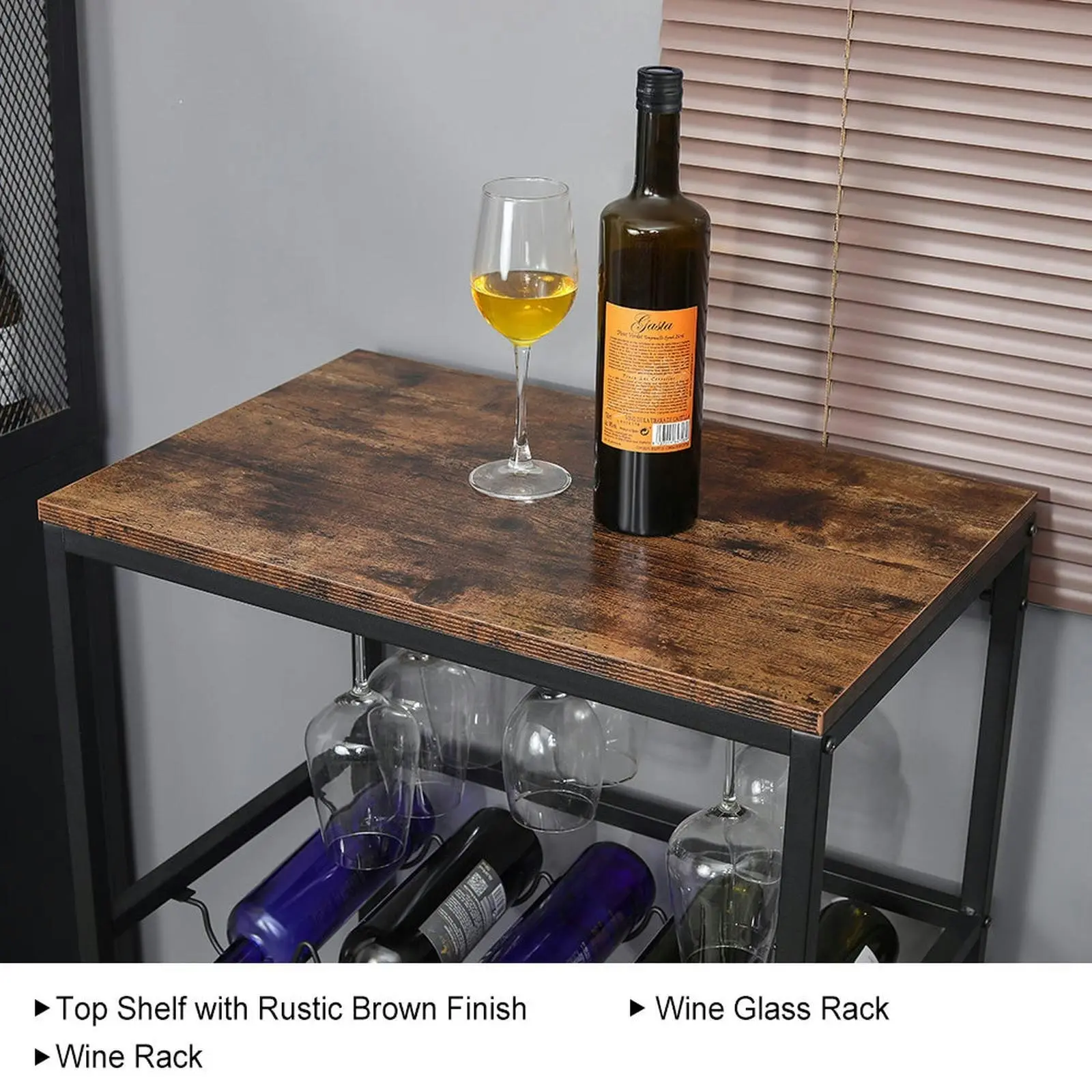 Viviendo Bar Cart & Rolling Drinks Trolley with Wine Rack, lockable wheels, Storage and Wine Glass Holders