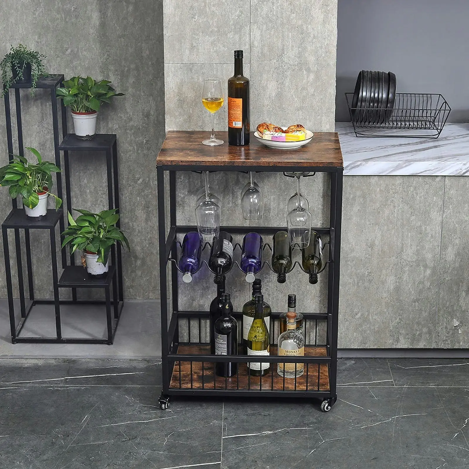 Viviendo Bar Cart & Rolling Drinks Trolley with Wine Rack, lockable wheels, Storage and Wine Glass Holders