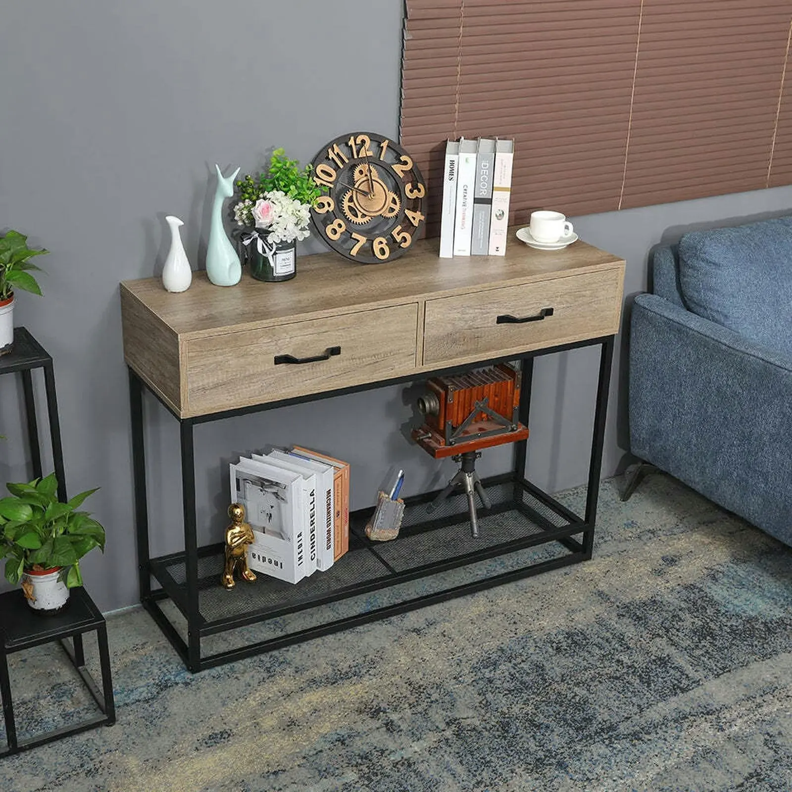 Viviendo 110cm Hallway Table Console with Drawers and Metal Mesh Shelf in Beachwood finish