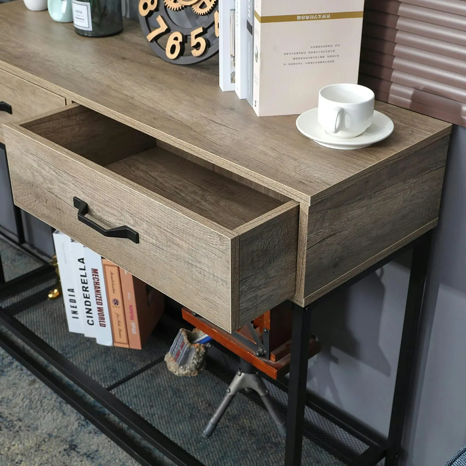 Viviendo 110cm Hallway Table Console with Drawers and Metal Mesh Shelf in Beachwood finish