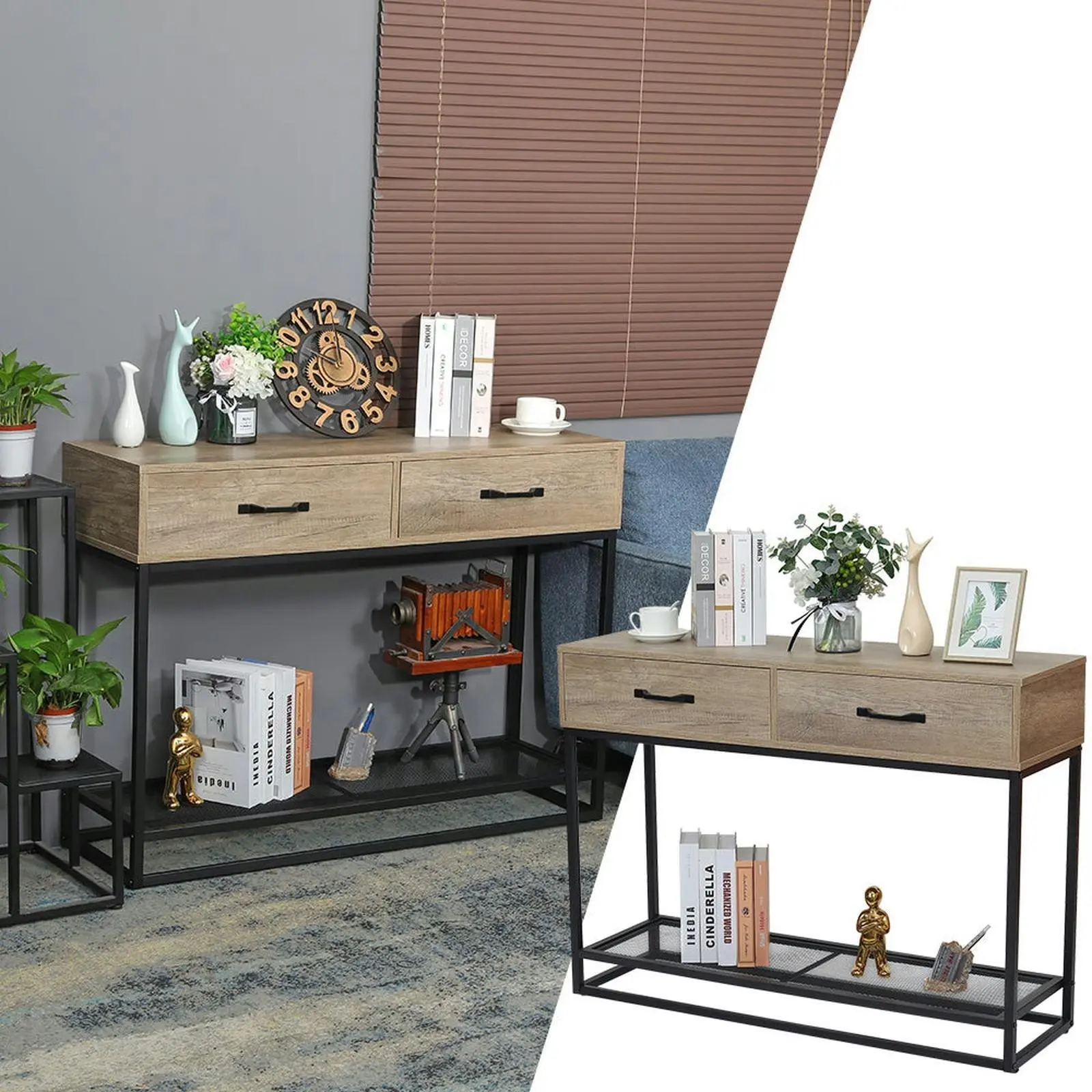 Viviendo 110cm Hallway Table Console with Drawers and Metal Mesh Shelf in Beachwood finish