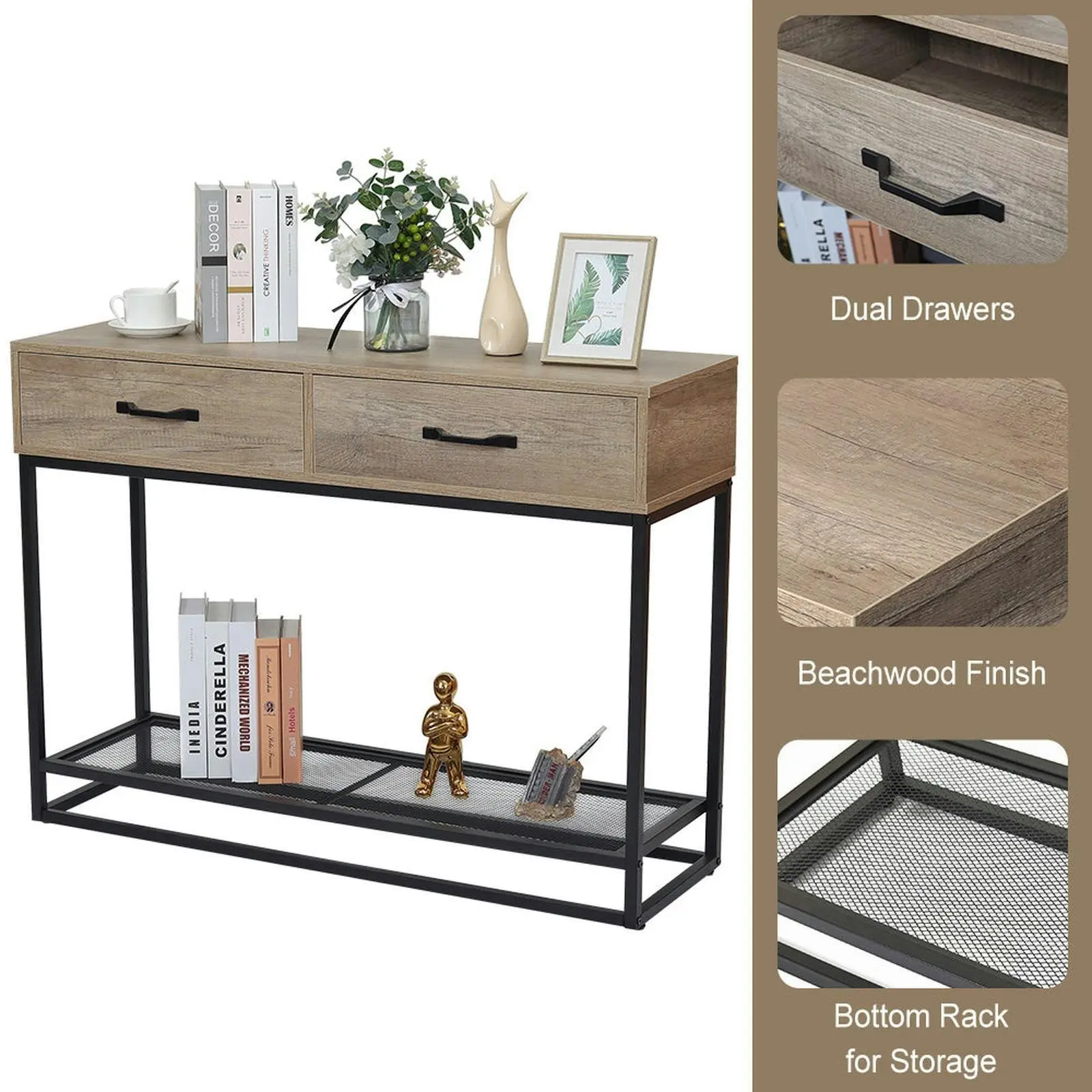 Viviendo 110cm Hallway Table Console with Drawers and Metal Mesh Shelf in Beachwood finish