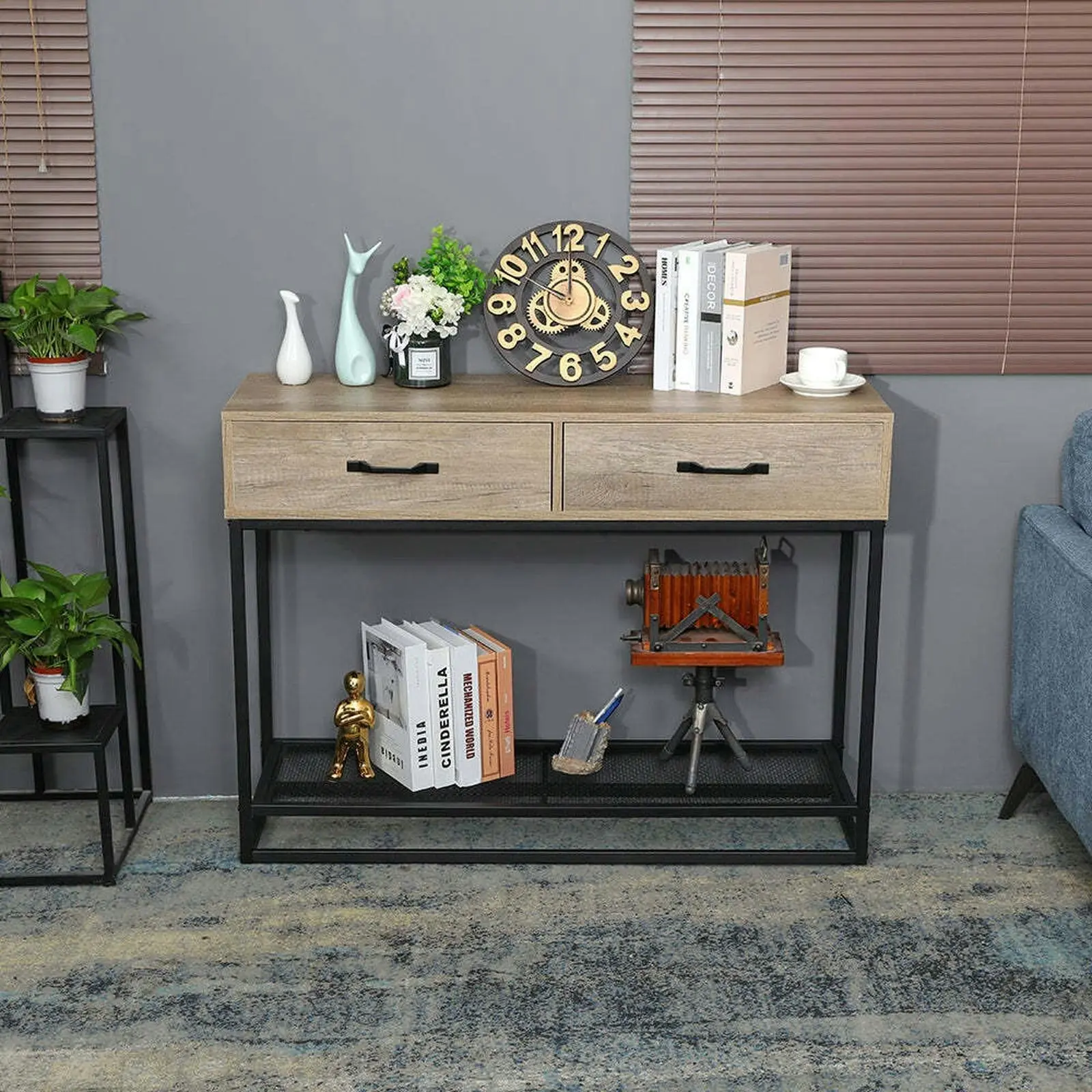 Viviendo 110cm Hallway Table Console with Drawers and Metal Mesh Shelf in Beachwood finish