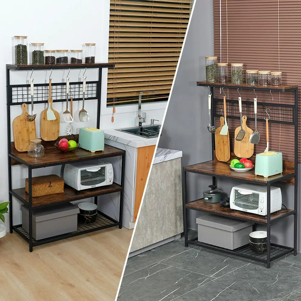 Viviendo Kitchen Bakers Rack with Storage Shelves Microwave Oven Utensils Shelf with Hooks - Industrial Style