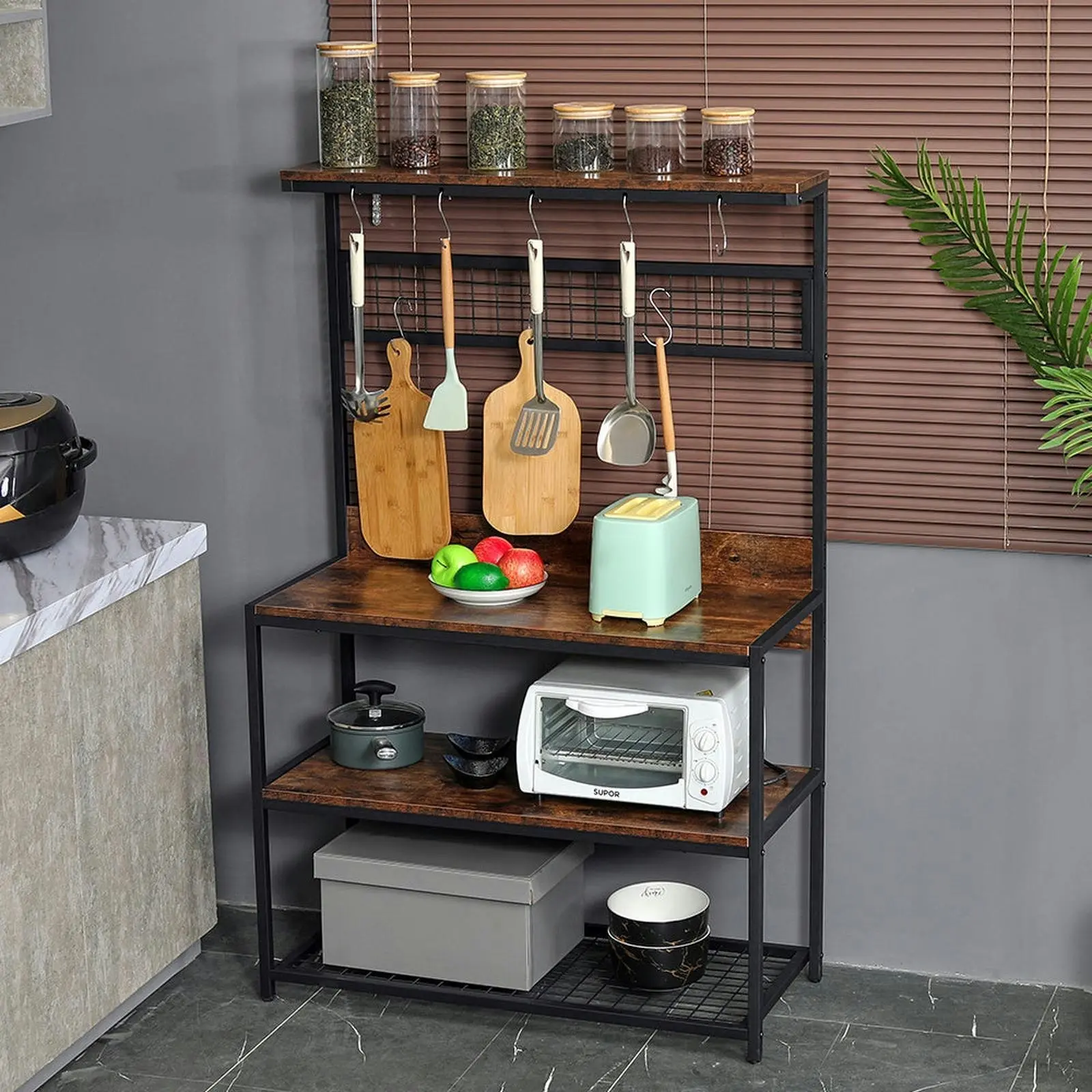 Viviendo Kitchen Bakers Rack with Storage Shelves Microwave Oven Utensils Shelf with Hooks - Industrial Style