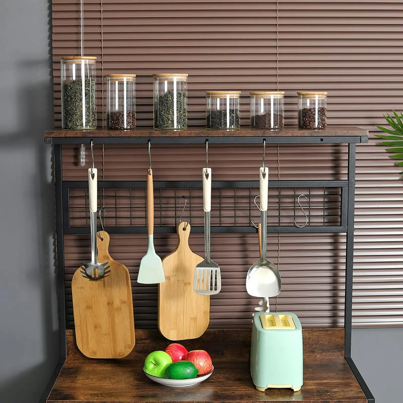 Viviendo Kitchen Bakers Rack with Storage Shelves Microwave Oven Utensils Shelf with Hooks - Industrial Style