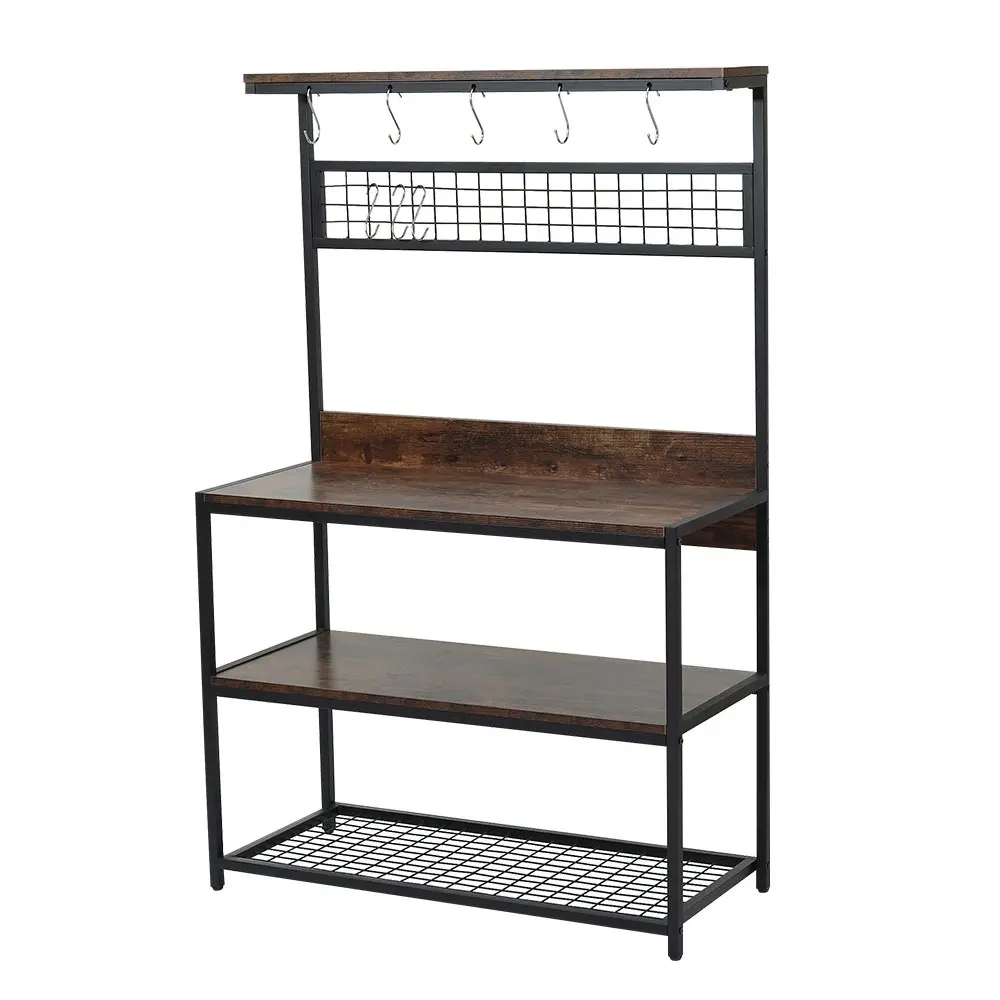 Viviendo Kitchen Bakers Rack with Storage Shelves Microwave Oven Utensils Shelf with Hooks - Industrial Style