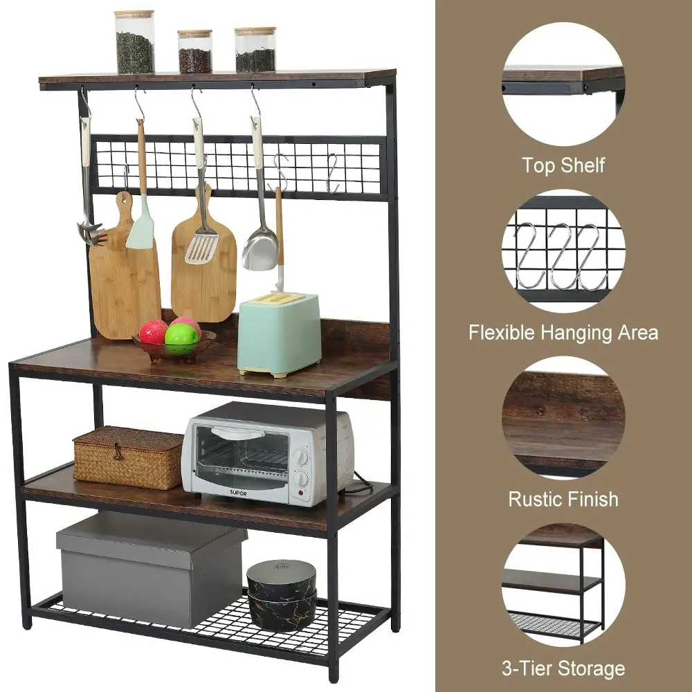 Viviendo Kitchen Bakers Rack with Storage Shelves Microwave Oven Utensils Shelf with Hooks - Industrial Style