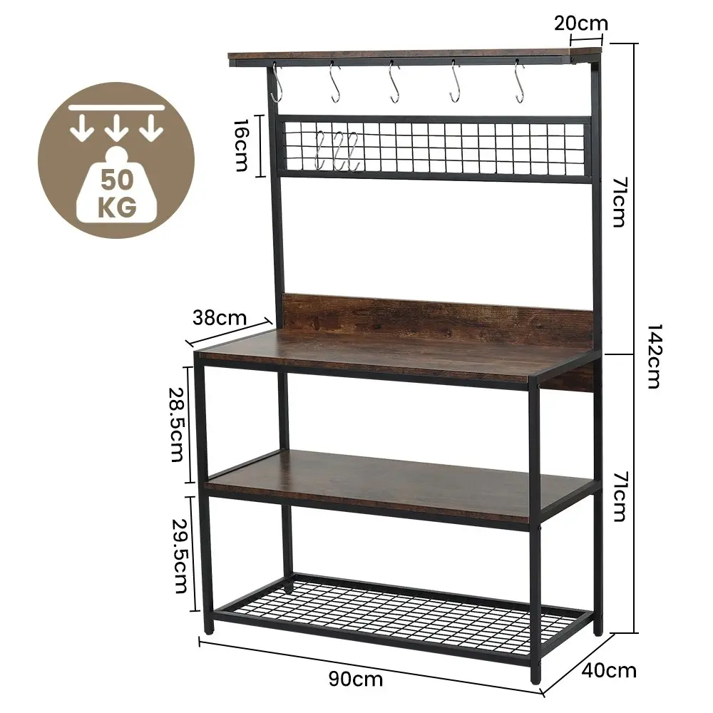 Viviendo Kitchen Bakers Rack with Storage Shelves Microwave Oven Utensils Shelf with Hooks - Industrial Style