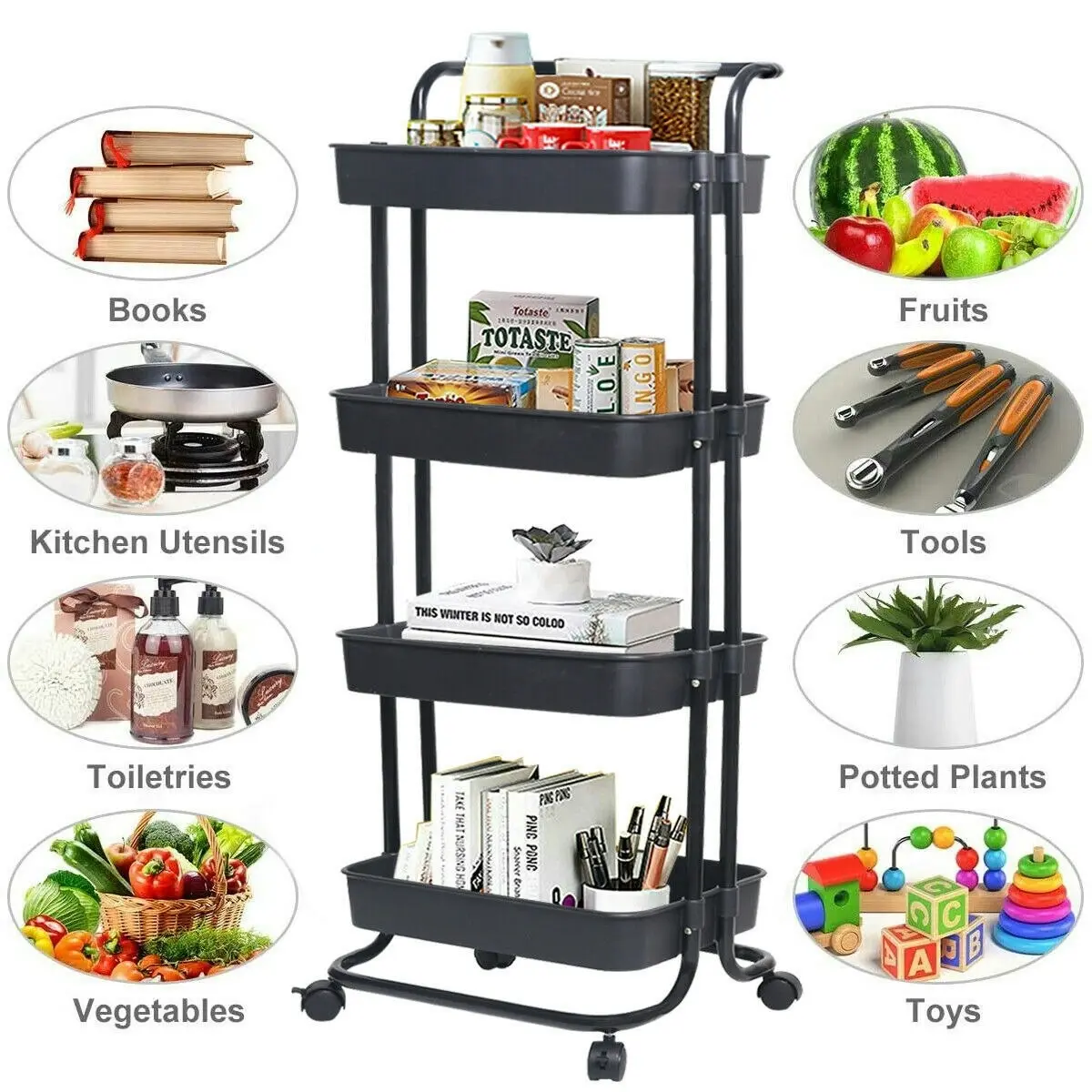 Viviendo Multi Tier Kitchen Trolley Storage Cart Carbon Steel Kitchen Shelf Organiser