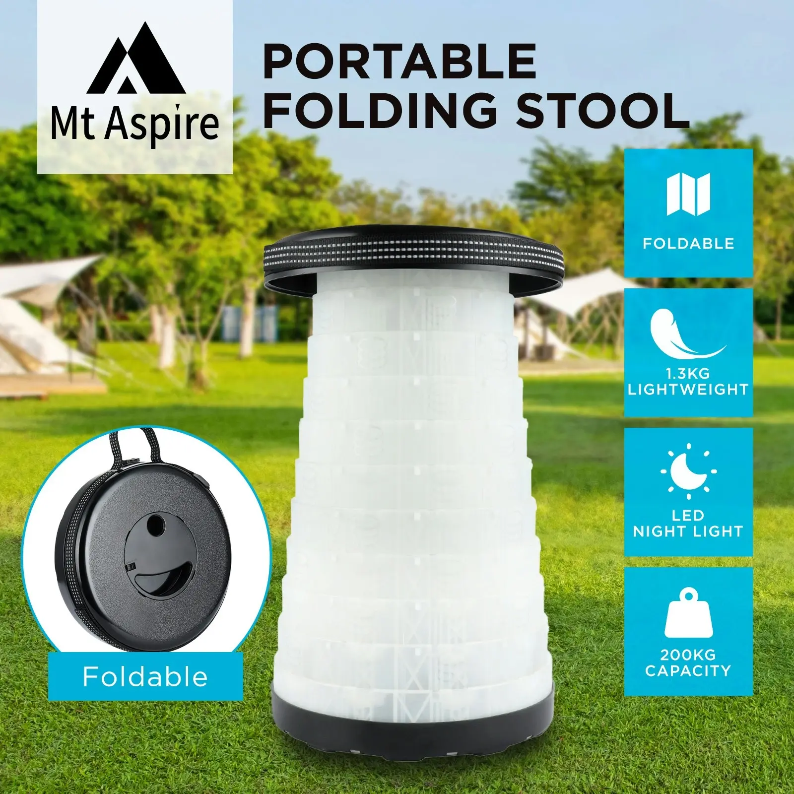 Mt Aspire Telescopic Folding Stool with LED Lamp, 200kg Load Capacity Collapsiable Camping Stool - Black