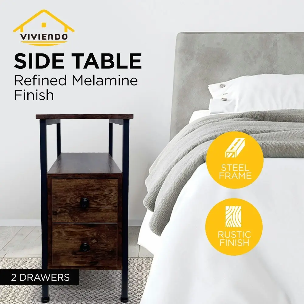 Viviendo 2 drawer Side Table Bedside table with Industrial Style Steel and Wood