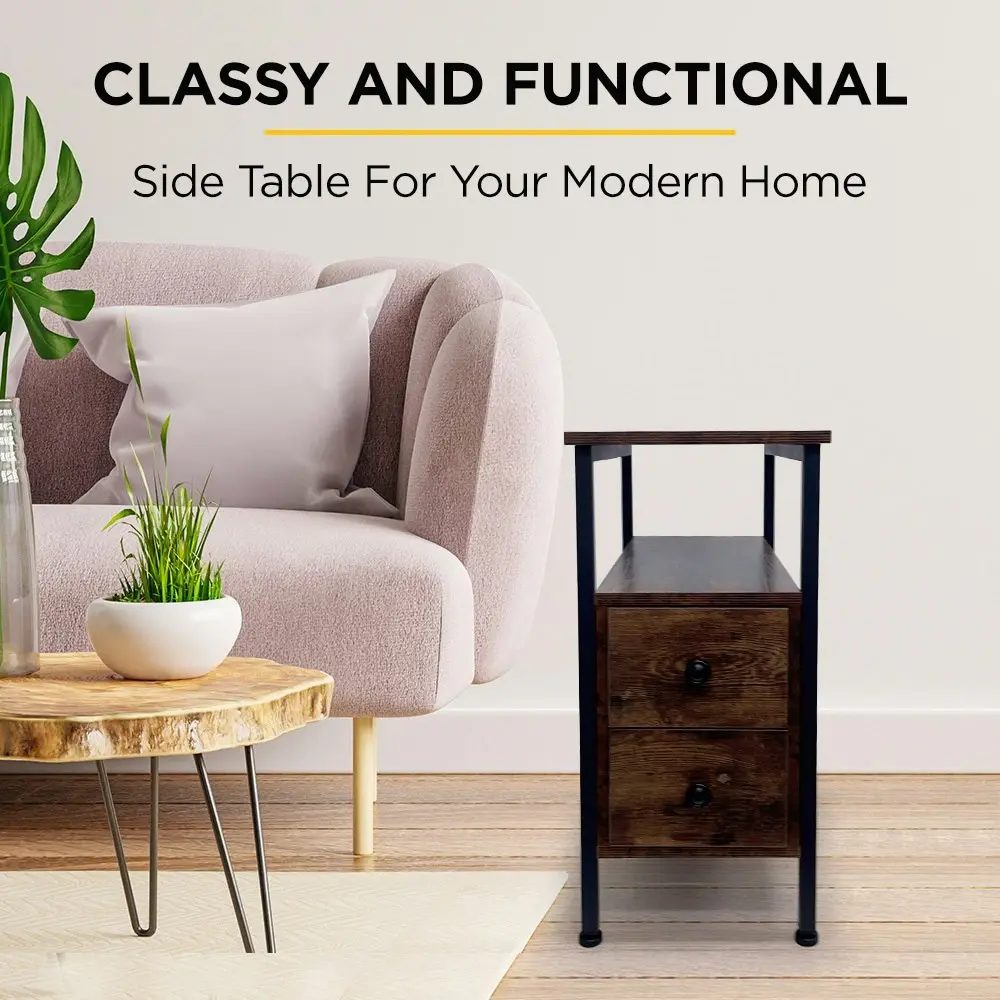 Viviendo 2 drawer Side Table Bedside table with Industrial Style Steel and Wood