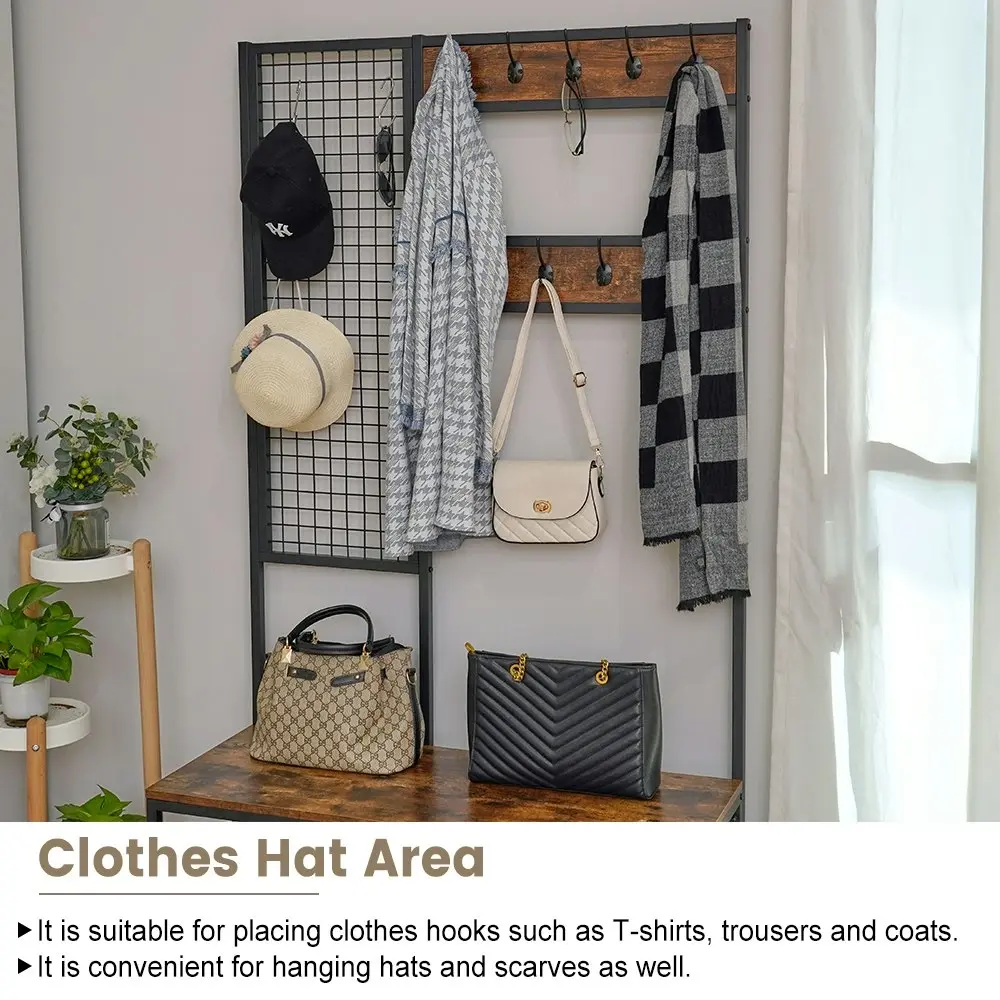 Viviendo Coat Clothes Rack Shoe Storage Bench with Grid Wall and Hooks in Industrial Style