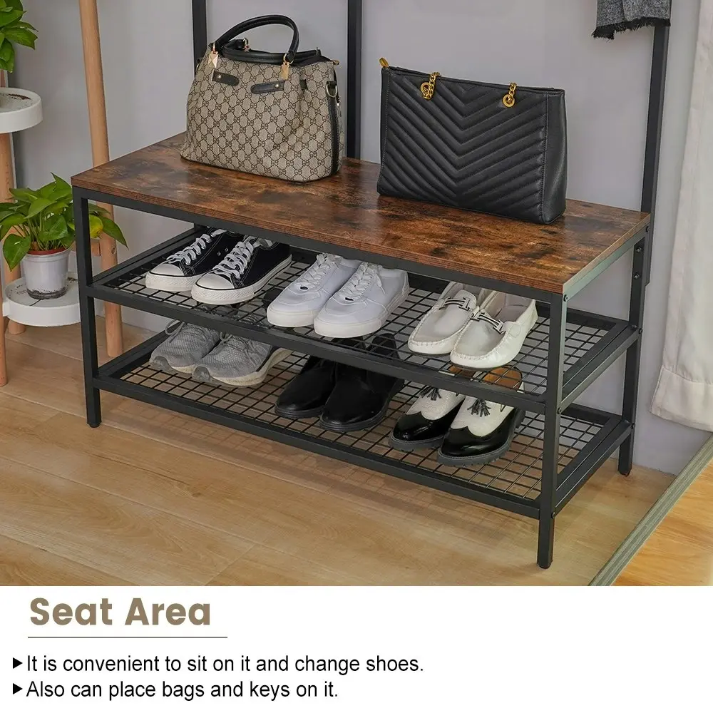 Viviendo Coat Clothes Rack Shoe Storage Bench with Grid Wall and Hooks in Industrial Style