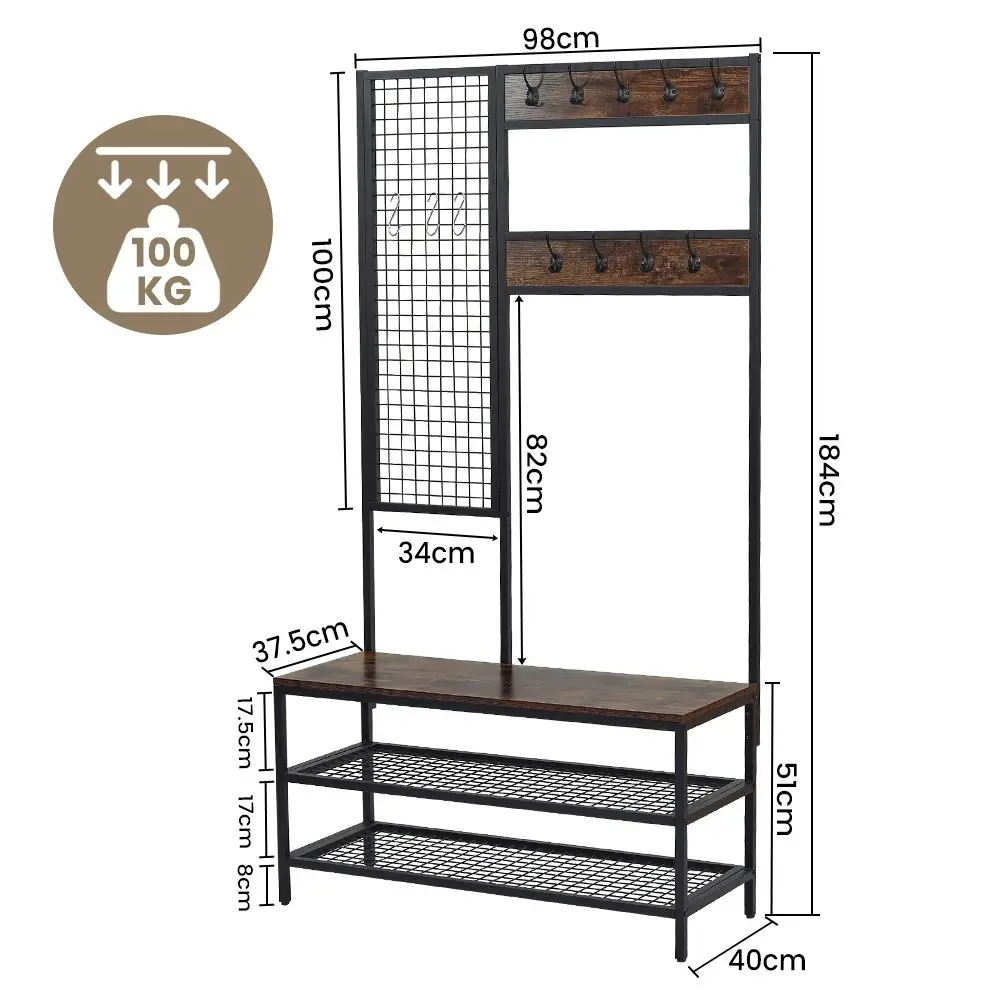 Viviendo Coat Clothes Rack Shoe Storage Bench with Grid Wall and Hooks in Industrial Style