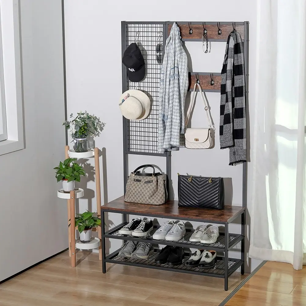 Viviendo Coat Clothes Rack Shoe Storage Bench with Grid Wall and Hooks in Industrial Style