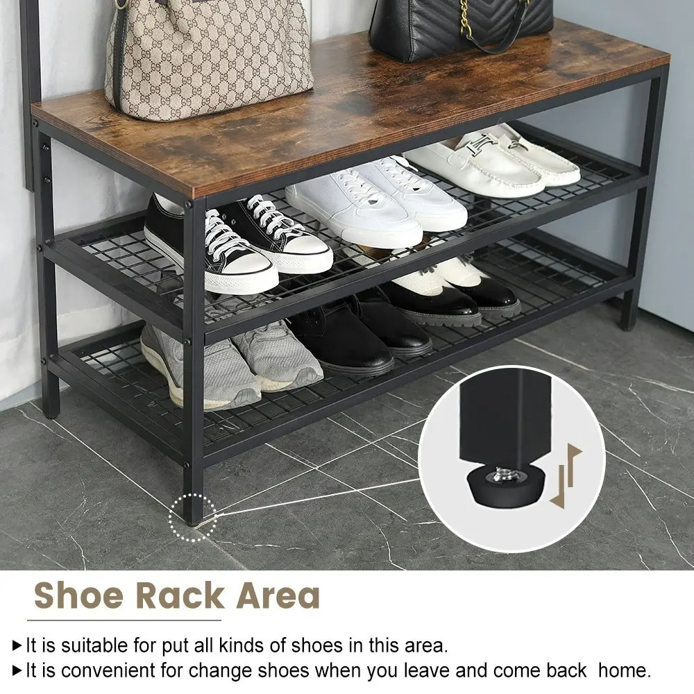 Viviendo Coat Clothes Rack Shoe Storage Bench with Grid Wall and Hooks in Industrial Style