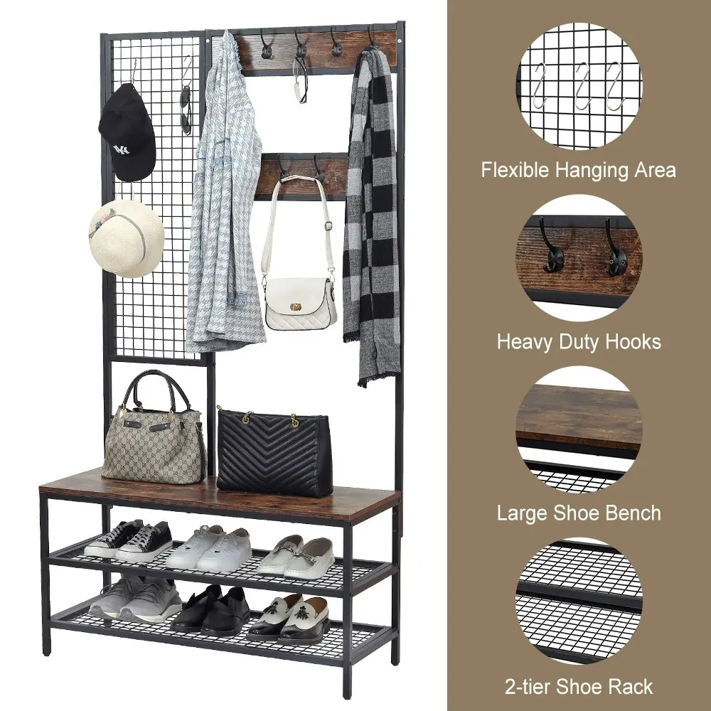 Viviendo Coat Clothes Rack Shoe Storage Bench with Grid Wall and Hooks in Industrial Style