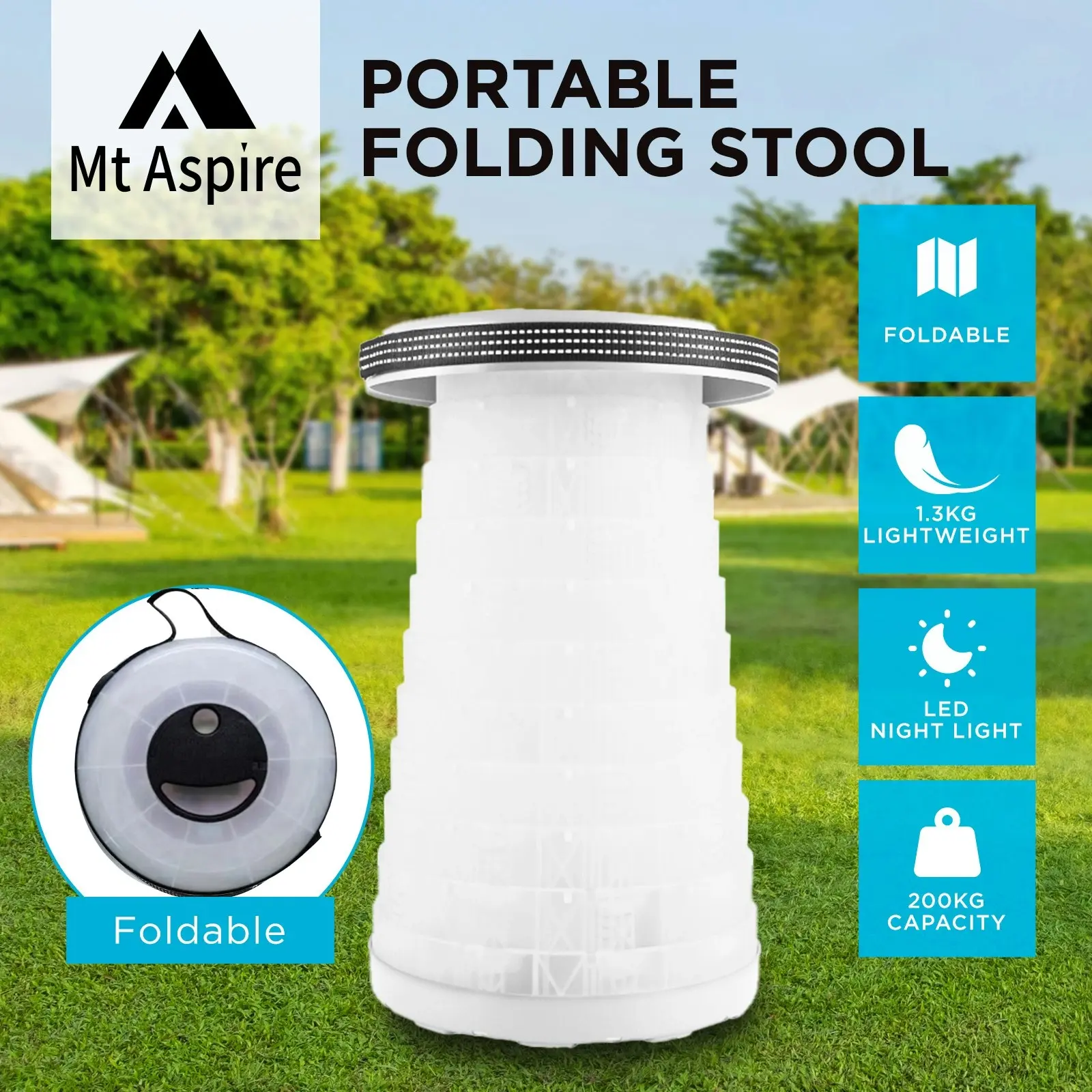 Mt Aspire Telescopic Folding Stool with LED Lamp, 200kg Load Capacity Collapsiable Camping Stool - White