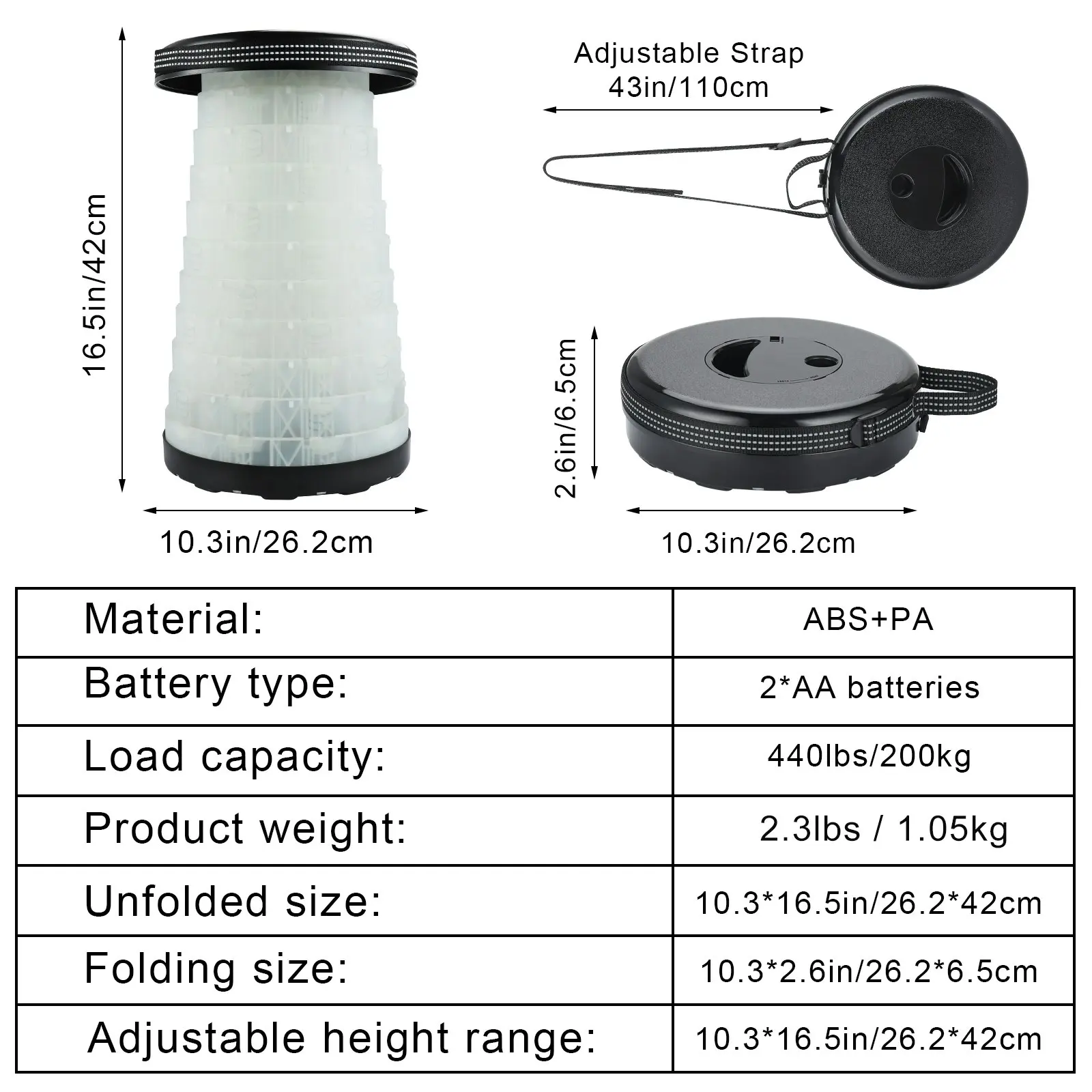 Mt Aspire Telescopic Folding Stool with LED Lamp, 200kg Load Capacity Collapsiable Camping Stool - White