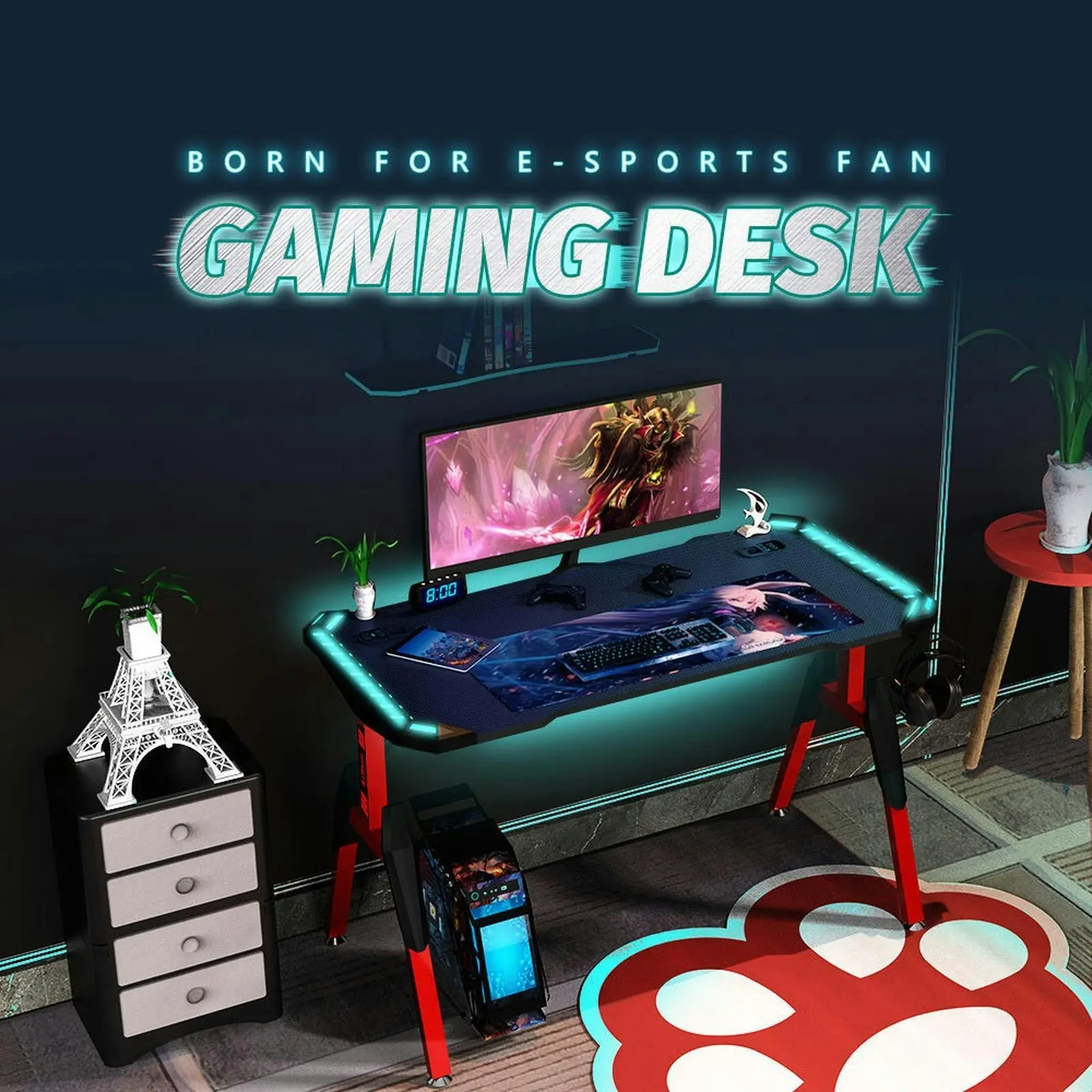 Odyssey8 1.4m Gaming Desk Office Table Desktop with LED Feature Light and USB & Wireless Charger - Red