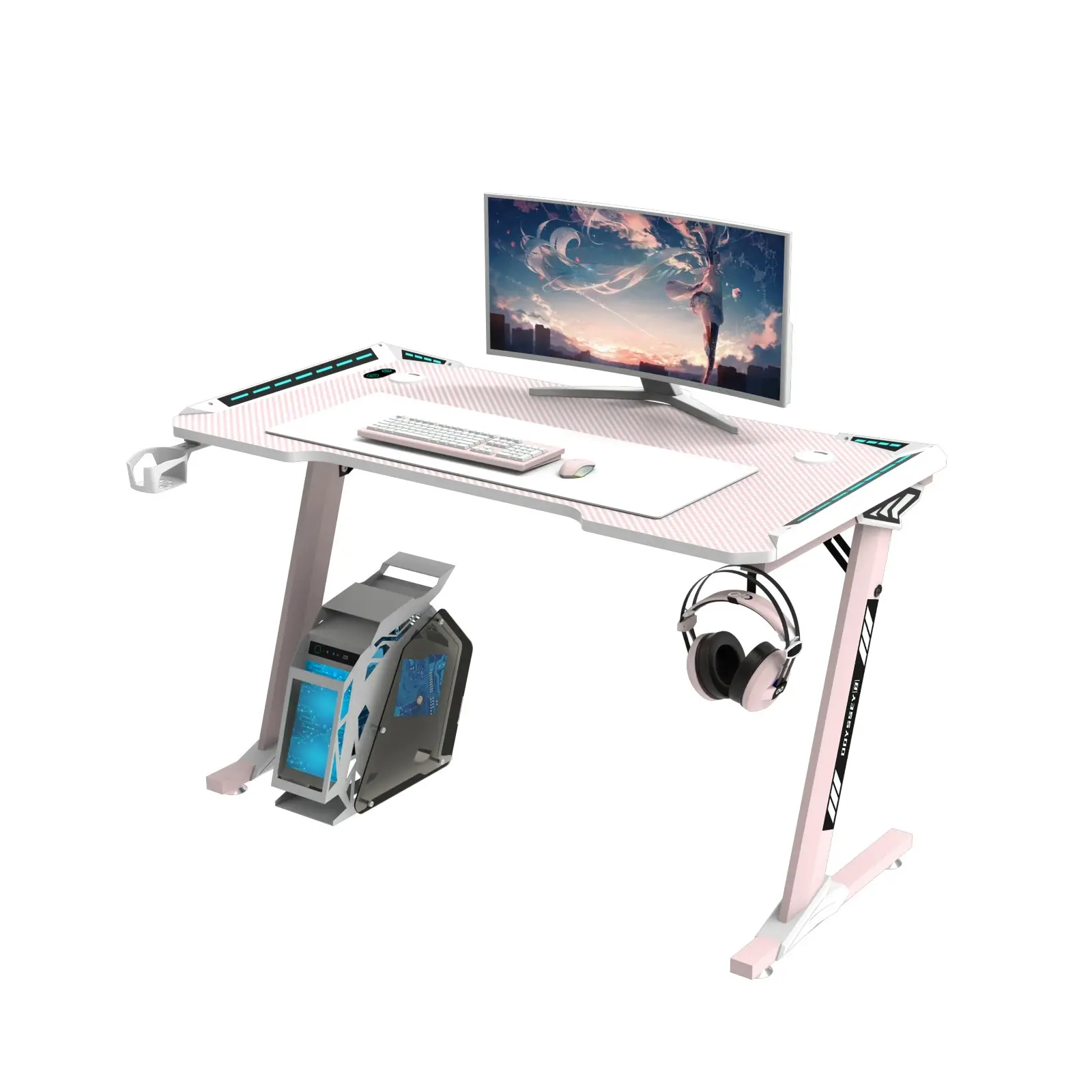 Odyssey8 1.4m Gaming Desk Office Table Desktop with LED light & Effects - Pink