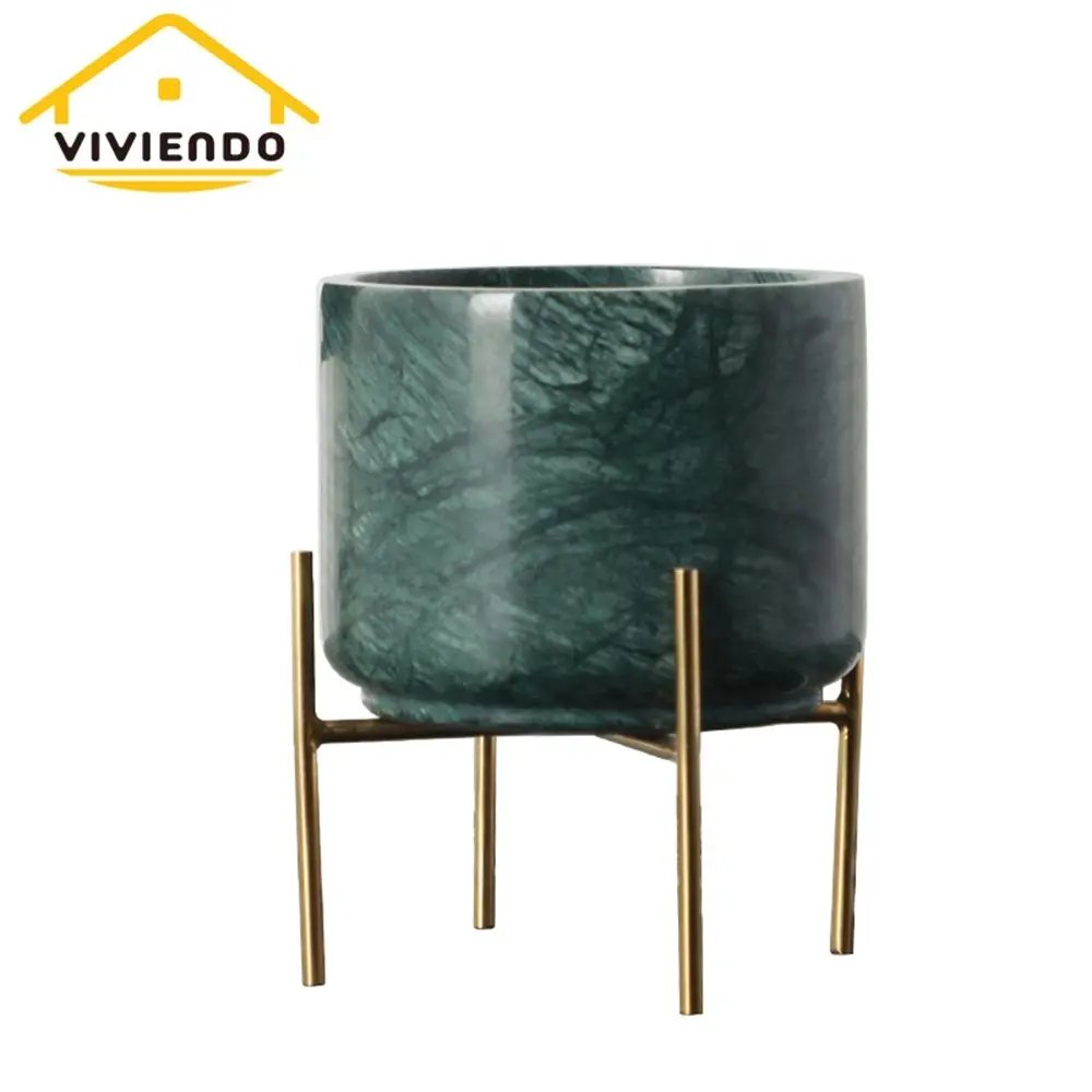 Viviendo Premium Marble Stone Flower Vase with Gold Stand in Emerald & White