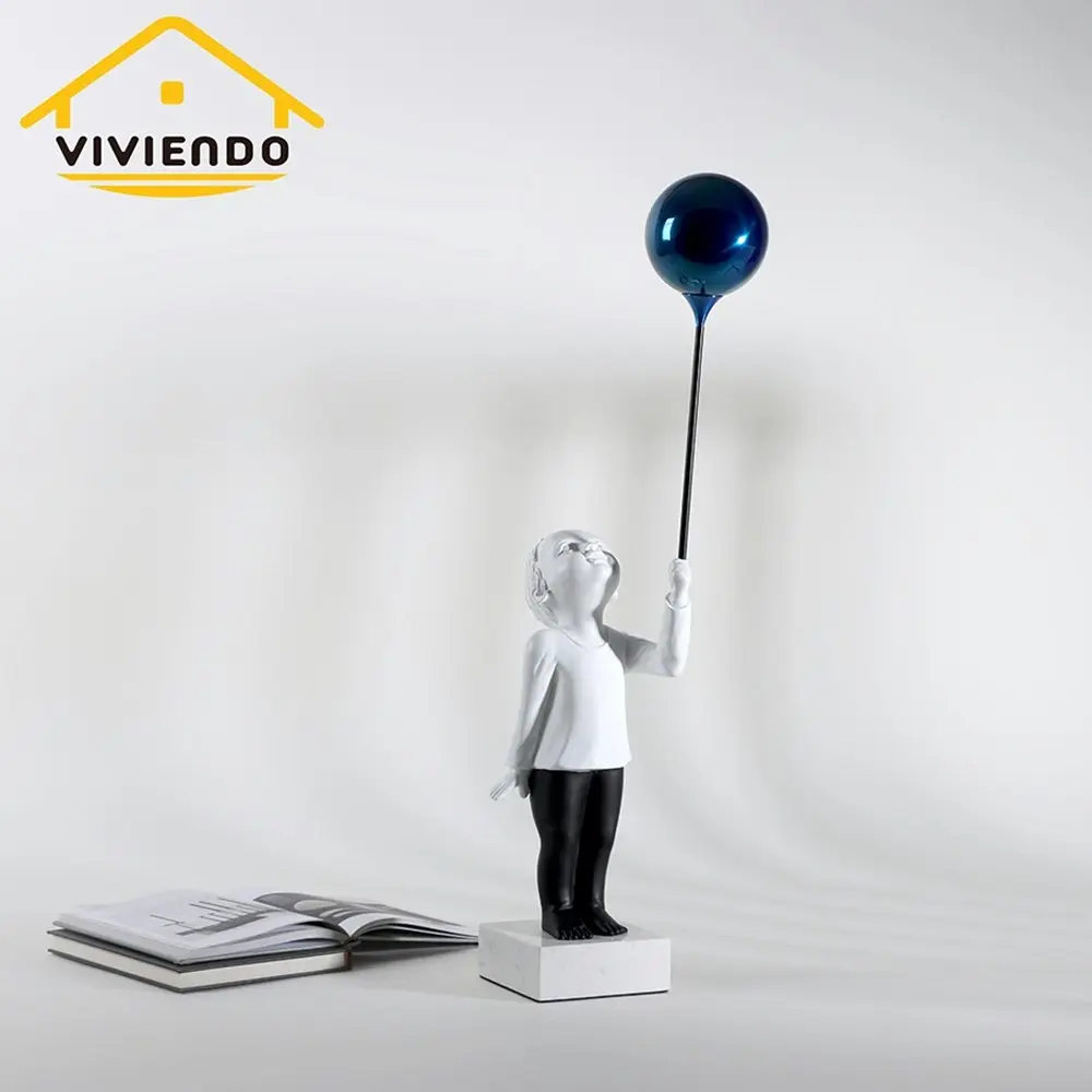 Viviendo Child With Balloon Statue Ornament in Marble Stone, Resin & Stainless Steel