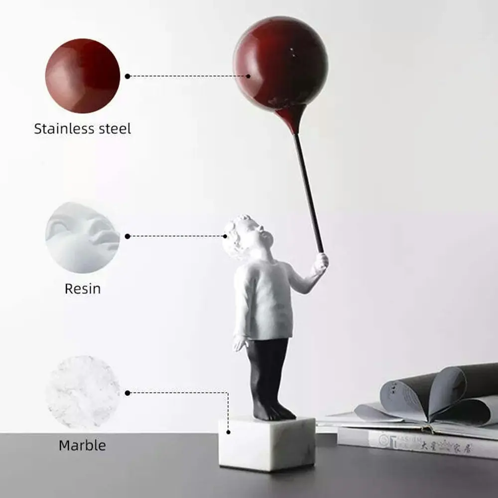 Viviendo Child With Balloon Statue Ornament in Marble Stone, Resin & Stainless Steel