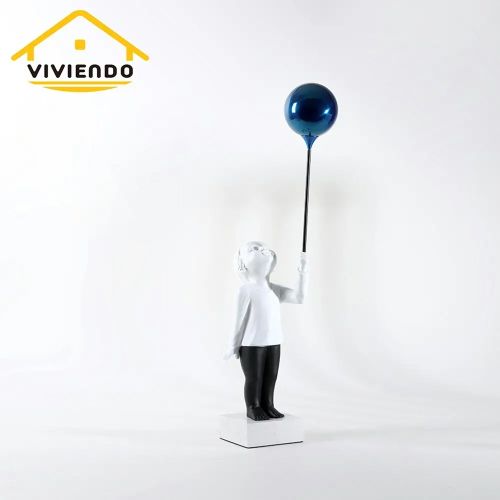 Viviendo Child With Balloon Statue Ornament in Marble Stone, Resin & Stainless Steel