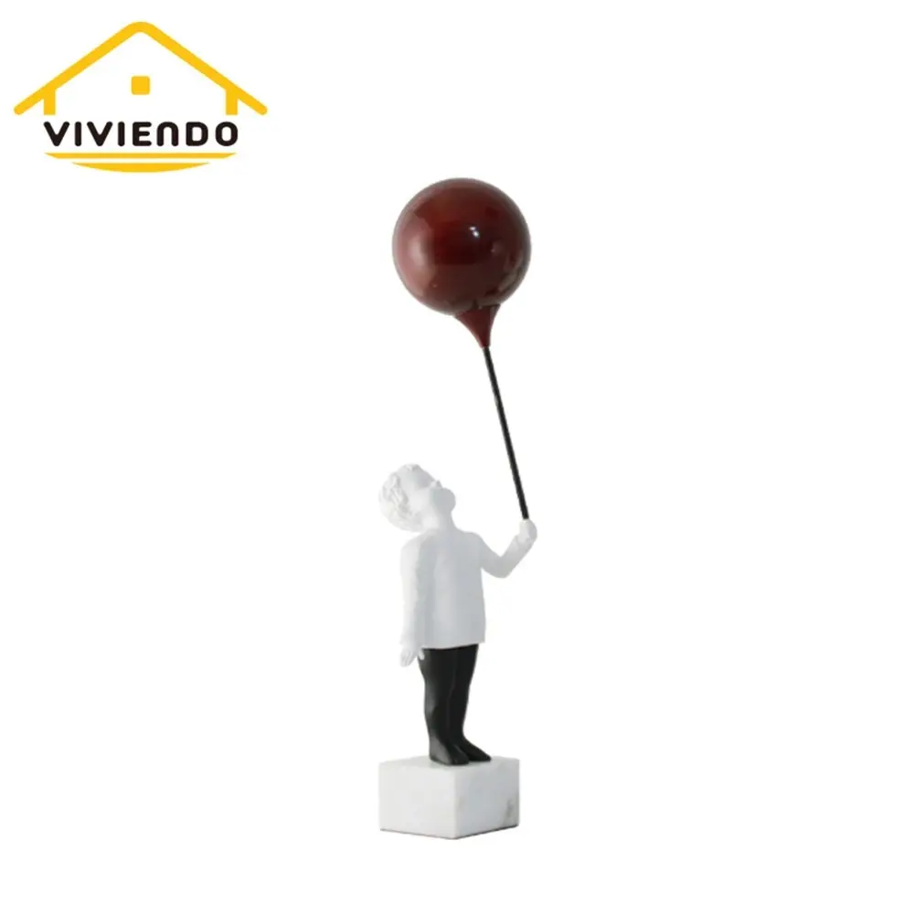 Viviendo Child With Balloon Statue Ornament in Marble Stone, Resin & Stainless Steel