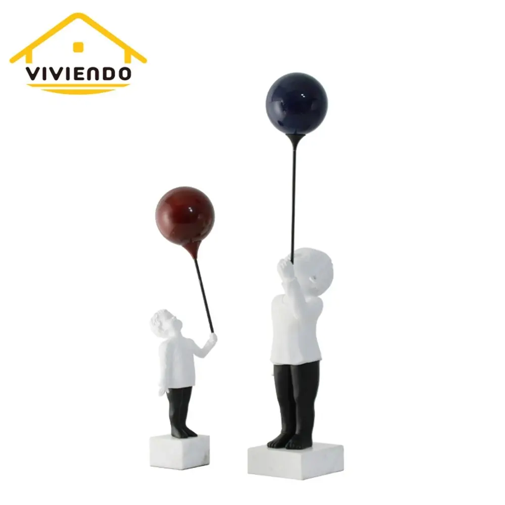 Viviendo Child With Balloon Statue Ornament in Marble Stone, Resin & Stainless Steel