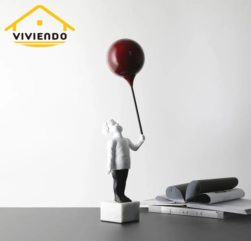 Viviendo Child With Balloon Statue Ornament in Marble Stone, Resin & Stainless Steel