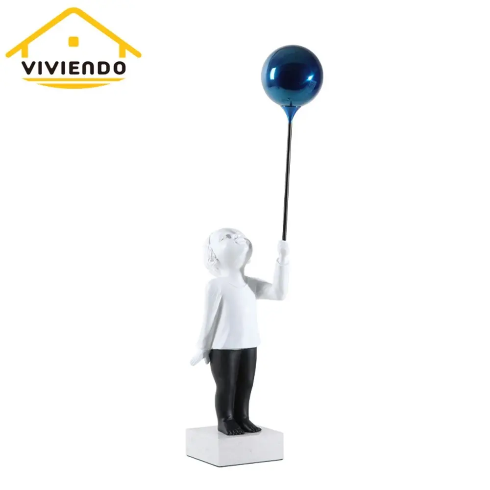 Viviendo Child With Balloon Statue Ornament in Marble Stone, Resin & Stainless Steel